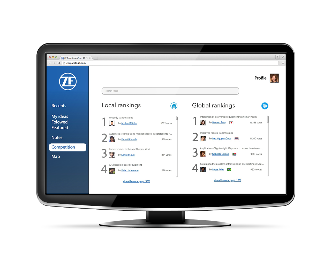 ZF Friedrichshafen innovation platform desktop interface